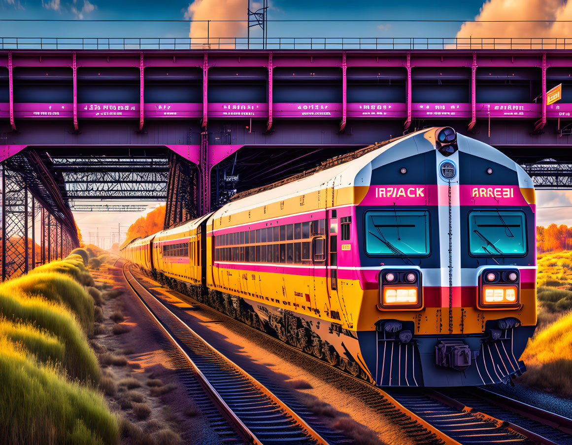 Colorful train under steel bridge at sunset