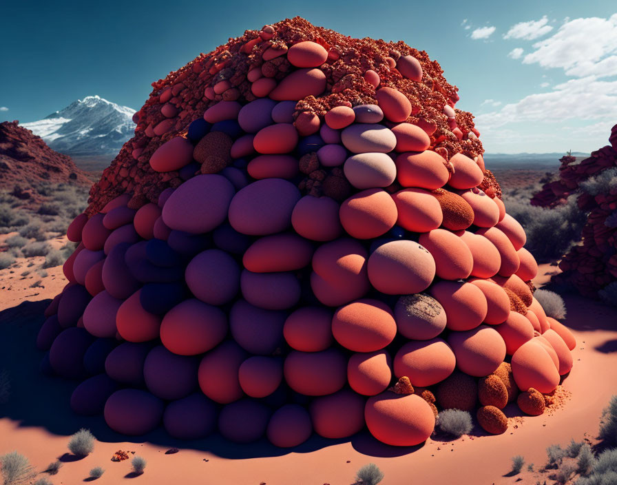 Colorful Orange and Purple Spheres on Surreal Red Landscape