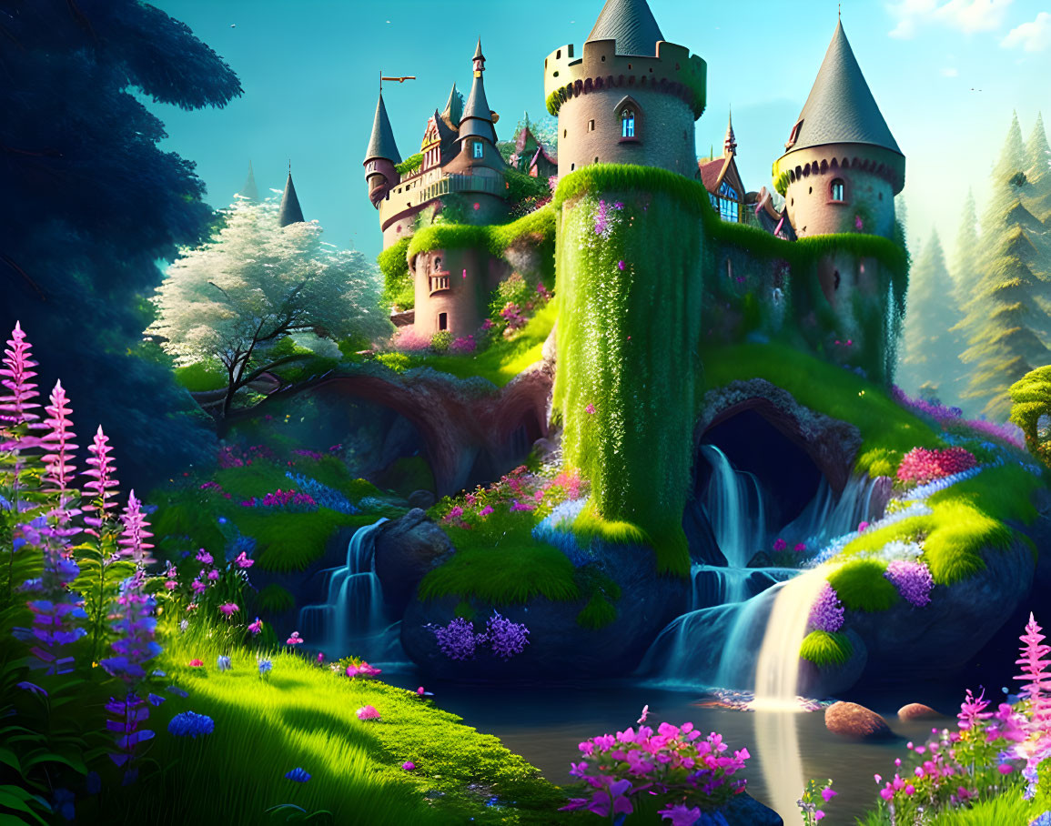 Ivy-covered castle on waterfall in lush fairytale landscape