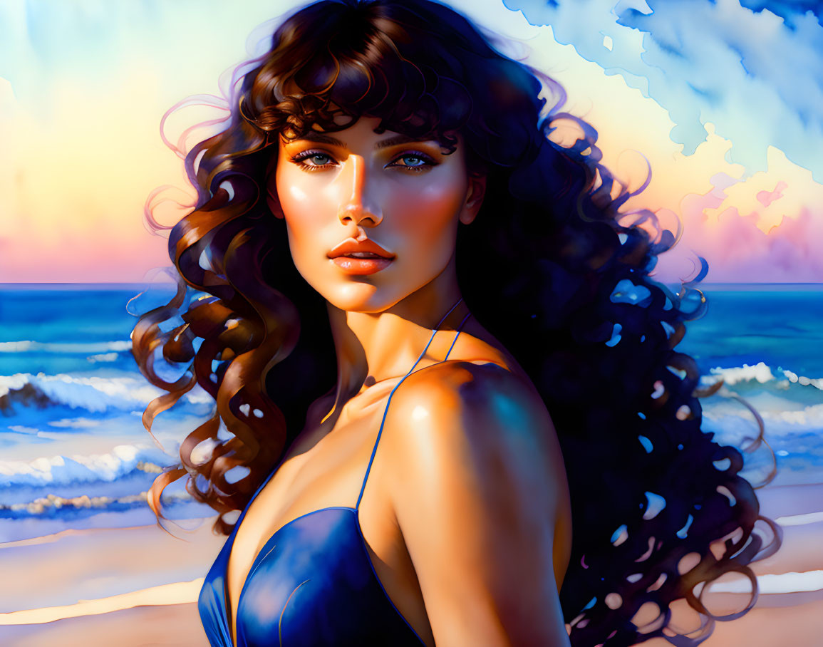 Digital illustration: Woman with curly hair, beach sunset background