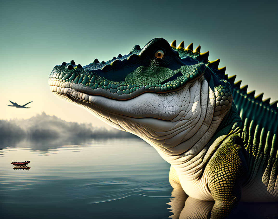 Realistic digital artwork: Large alligator head above calm water