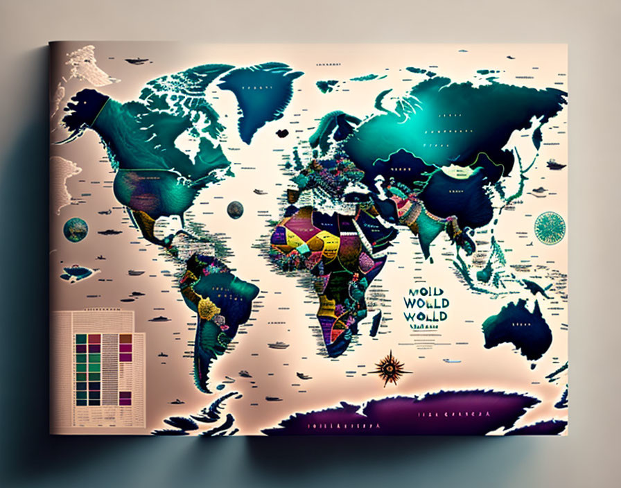 Colorful World Map Canvas with Patterns, Textures, Legend, and Compass Rose