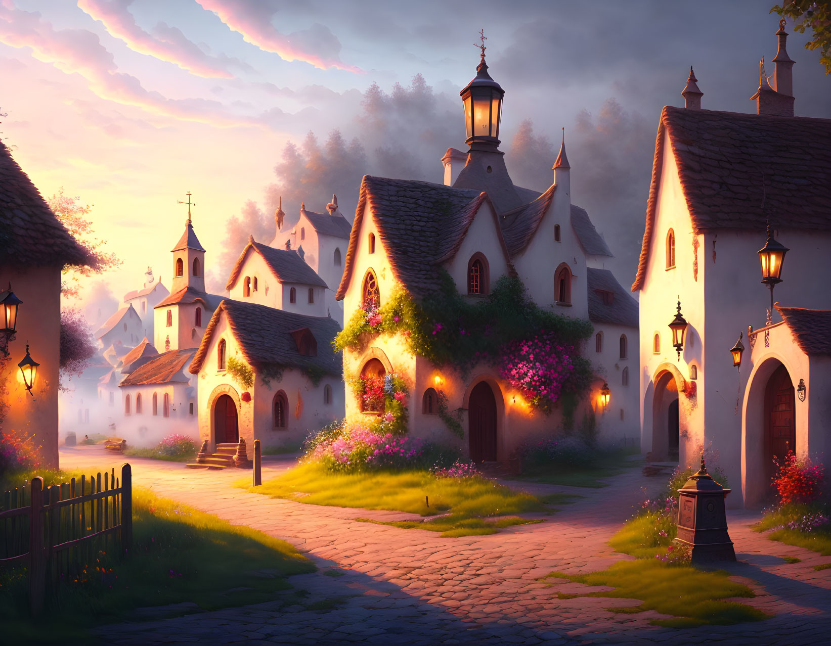 Picturesque sunset scene in a charming village with cobblestone paths, blooming flowers, and glowing