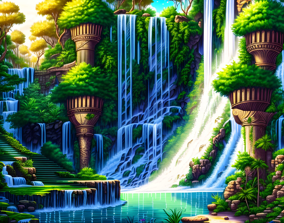 Vibrant fantasy landscape with greenery, waterfalls, ruins, and blue pond