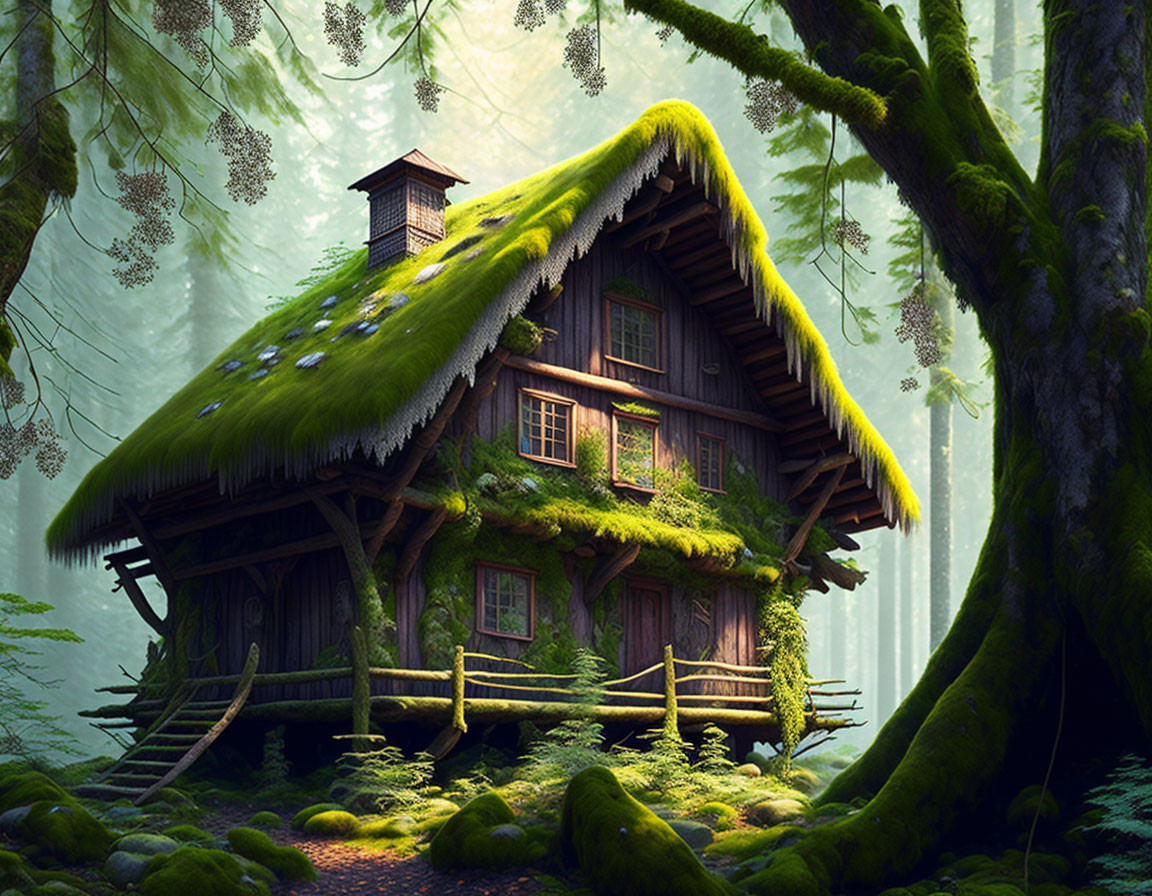 Enchanting wooden house with moss-covered roof in mystical forest