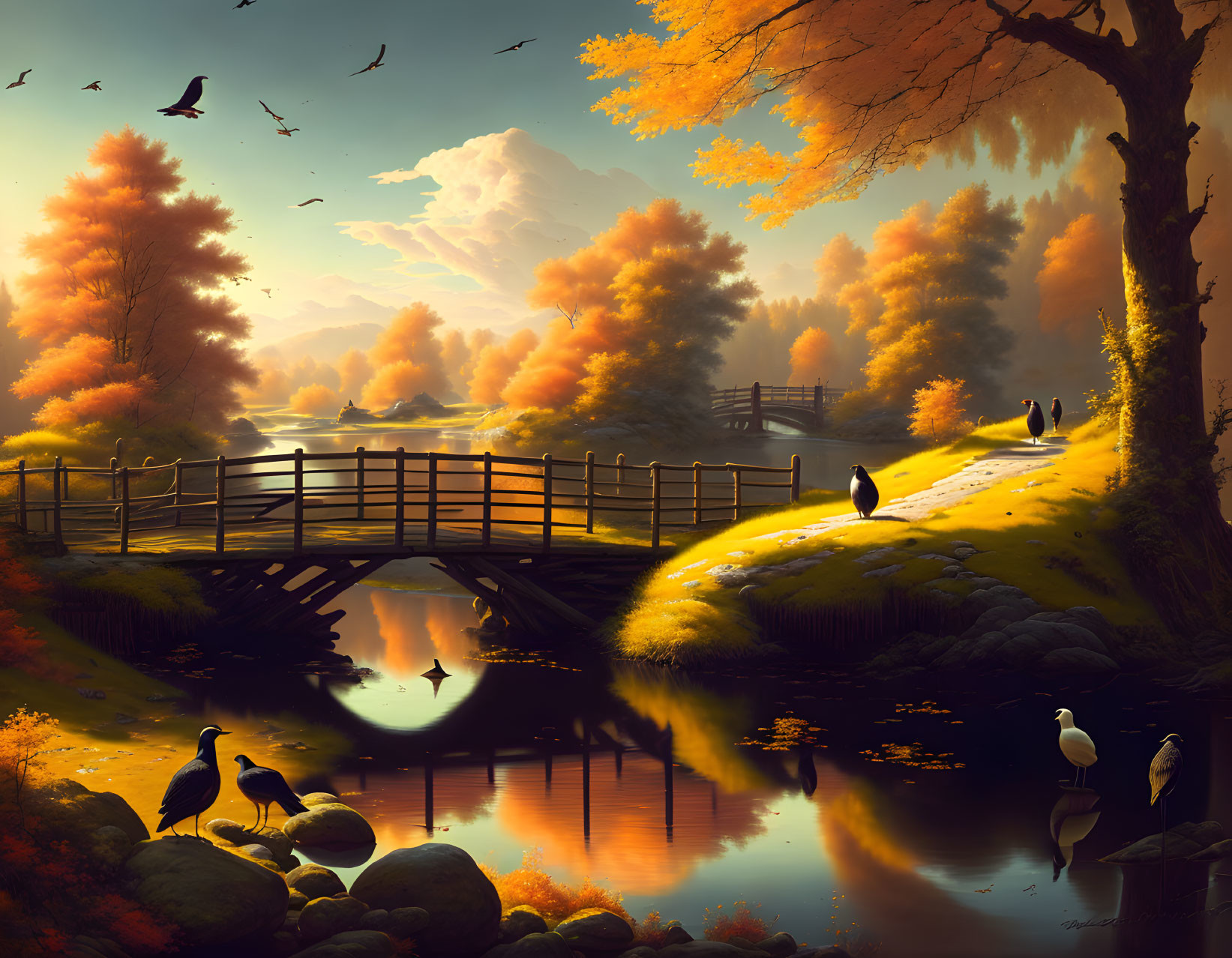 Tranquil autumn landscape with pond, birds, golden foliage, and wooden bridge