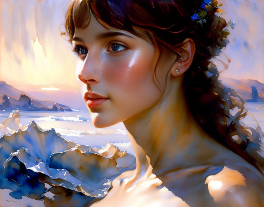 Young woman with flower in hair gazes at serene seascape and sunset