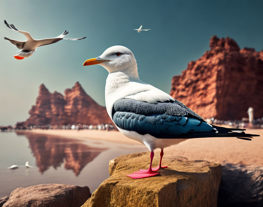 Colorful Seagull with Pink Shoes on Beach Rock