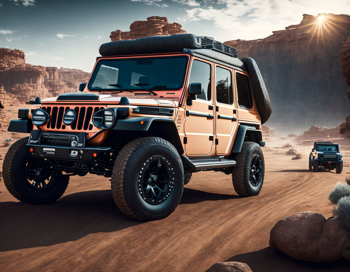 Orange SUV with spare tires driving through desert landscape.