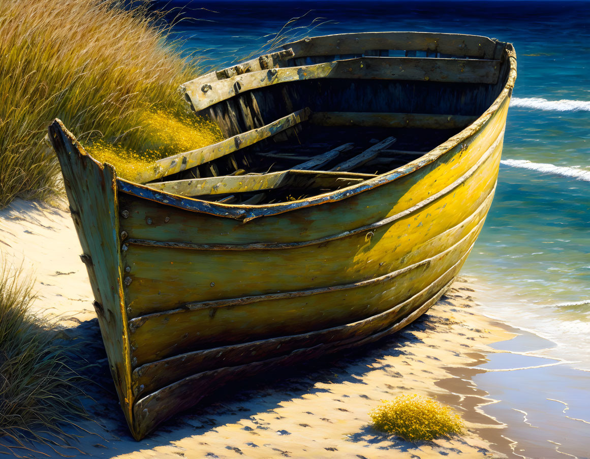 Weathered wooden boat with peeling yellow paint on sandy beach by water and green shrubs