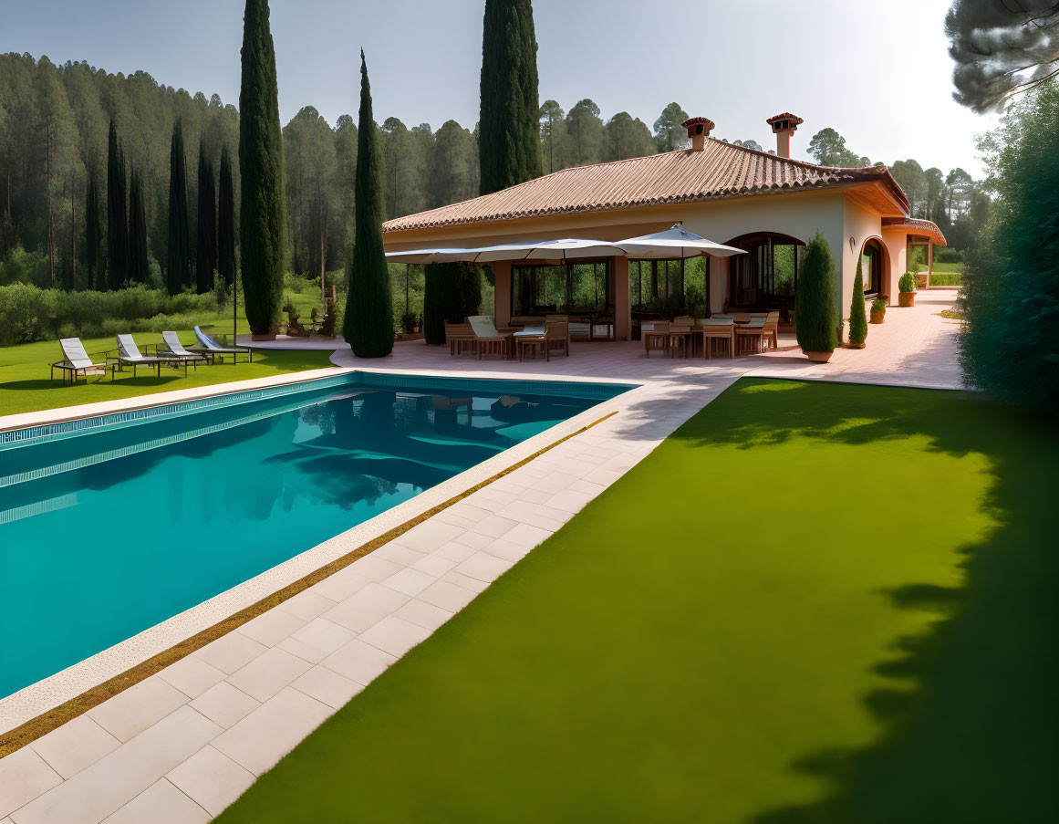 Luxurious Villa with Large Pool, Sun Loungers, Cypress Trees & Manicured Lawns