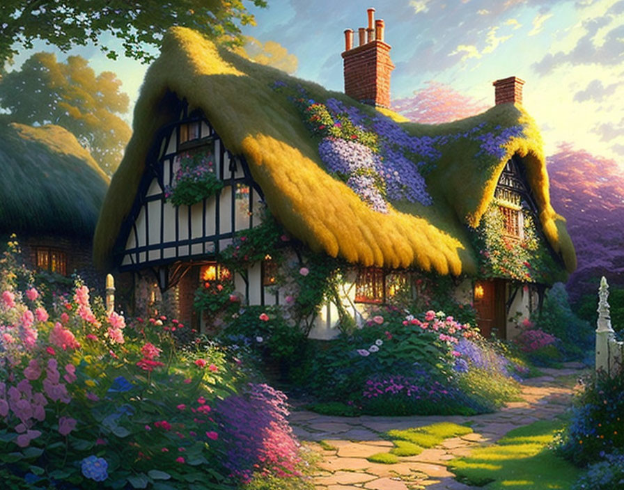 Thatched-Roof Cottage with Flowering Vines in Lush Garden