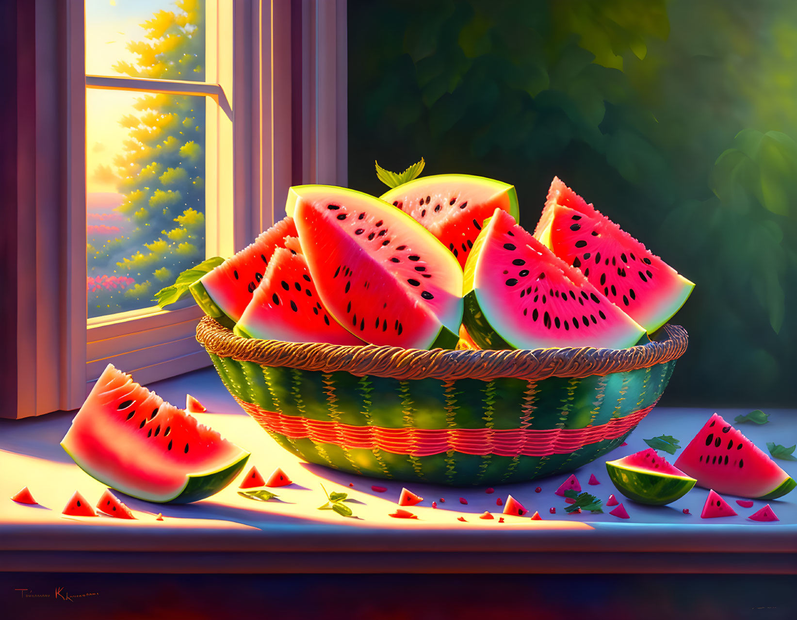 Colorful painting of sliced watermelon in basket by sunny window