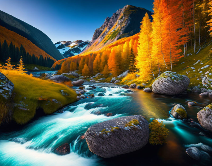 Scenic autumn forest with golden foliage, winding river, rocks, and mountains