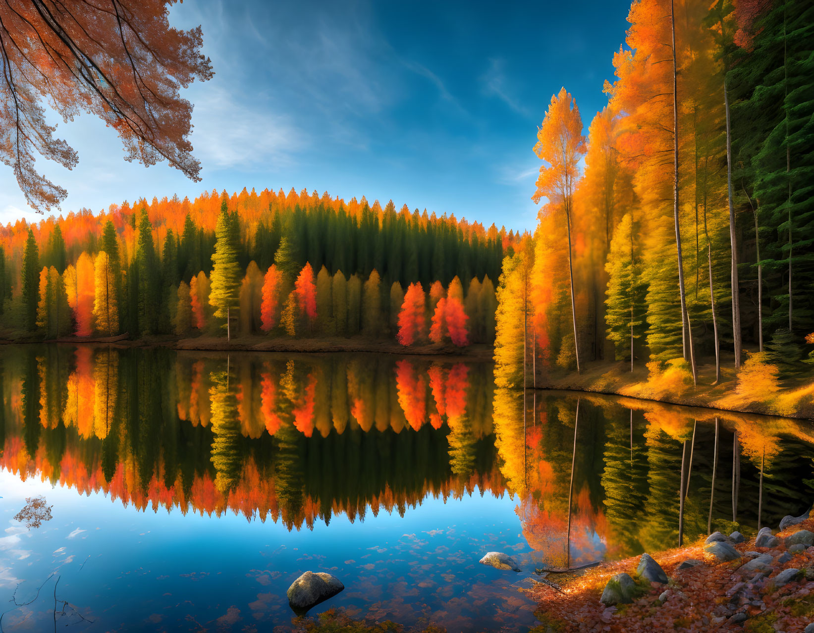 Vibrant autumn forest reflecting on calm lake