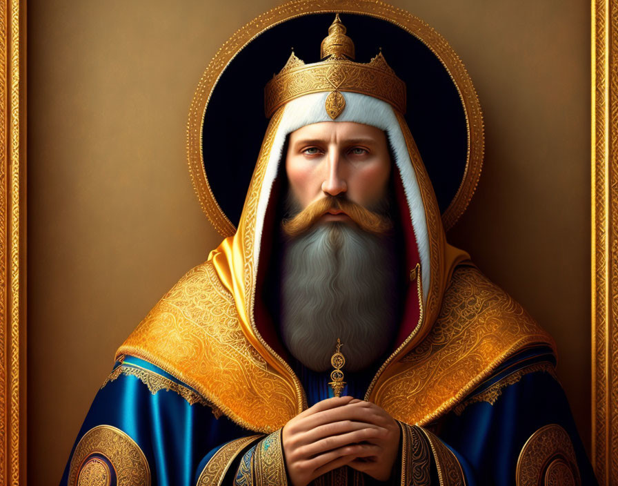 Regal man in gold and blue robe with crown against golden background