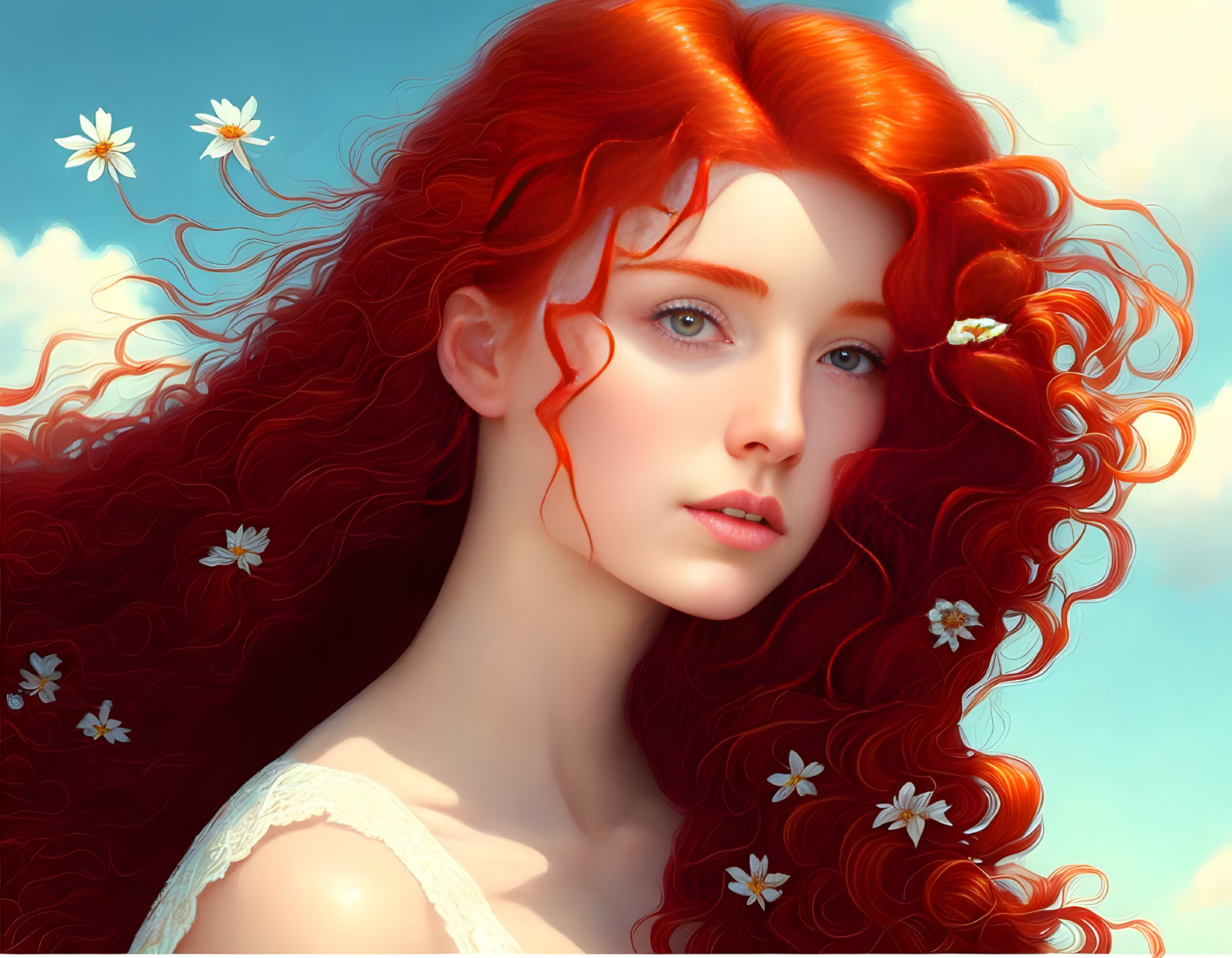 Red-haired female with blue eyes in flowery backdrop, white blossoms in her curls, soft gaze