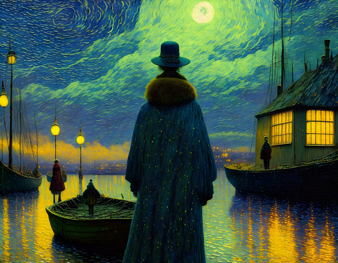 Person in vintage coat and hat by night dock with starry sky and moonlit water