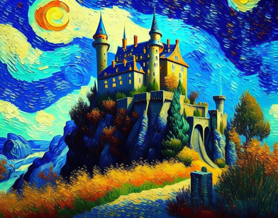 Castle painting with swirling skies, sun, bridge, lush scenery