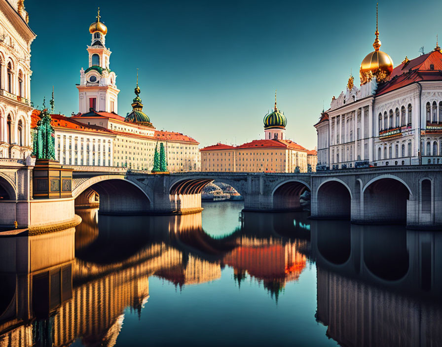 Historic European cityscape with bridge, ornate buildings, and sunset reflections