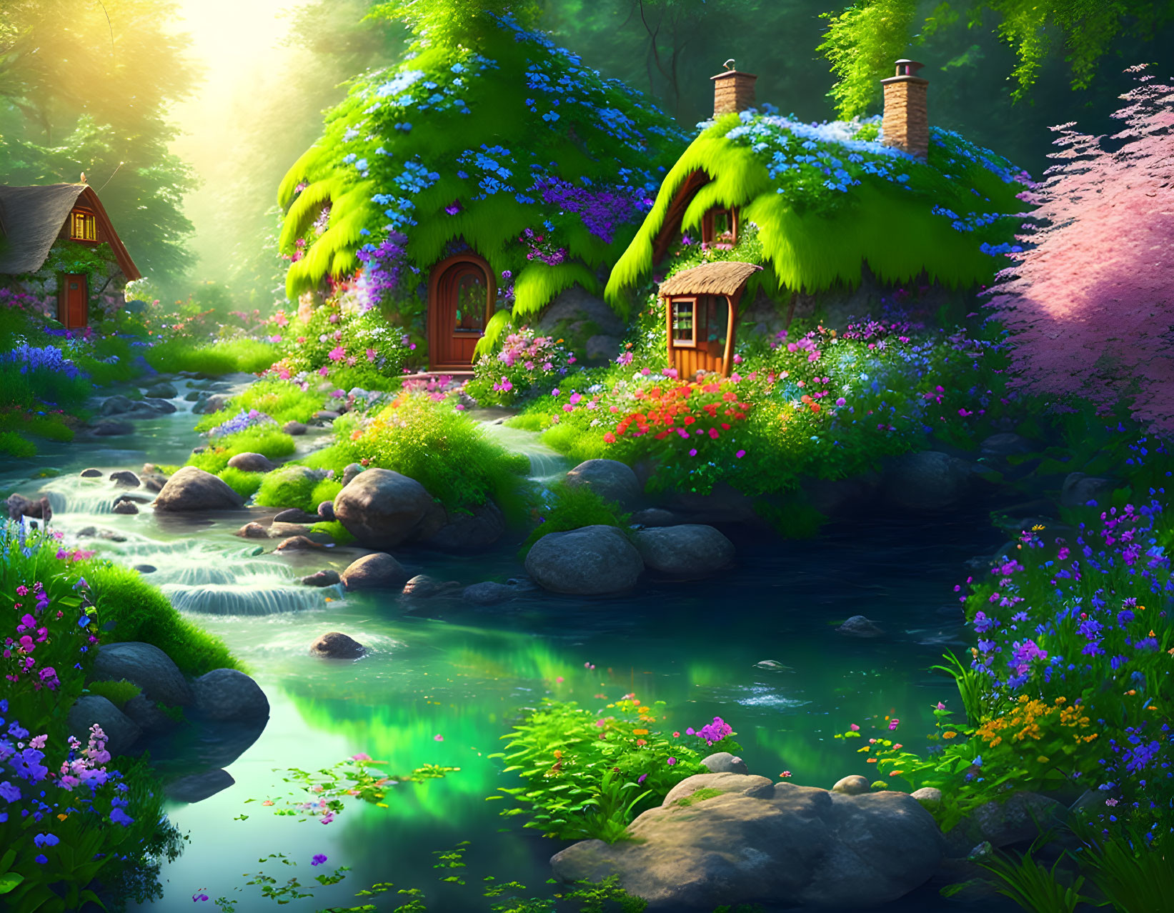 Quaint cottages in lush fantasy landscape by serene stream