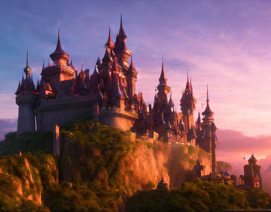 Majestic fantasy castle with spires and towers on lush cliffside at sunset