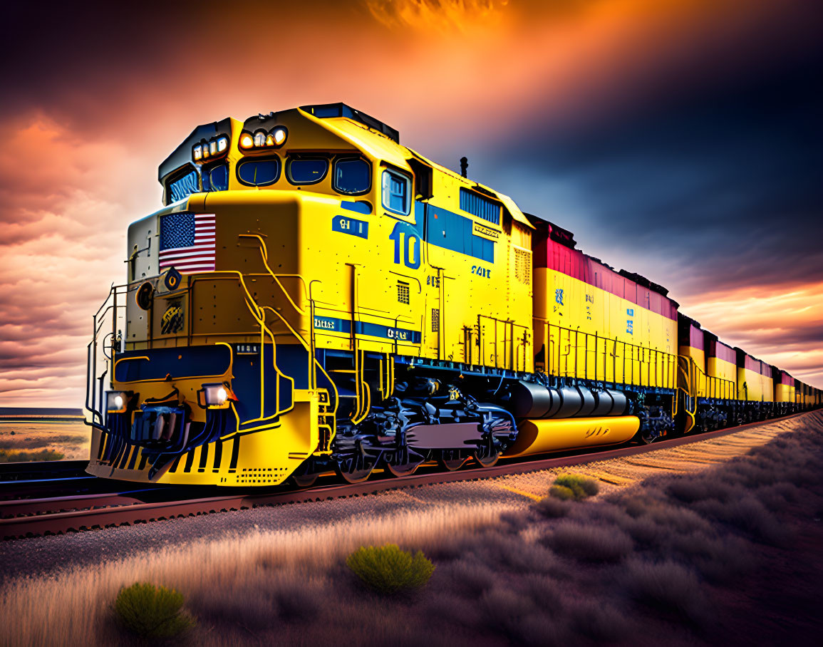 Yellow freight train on tracks under dramatic sunset sky