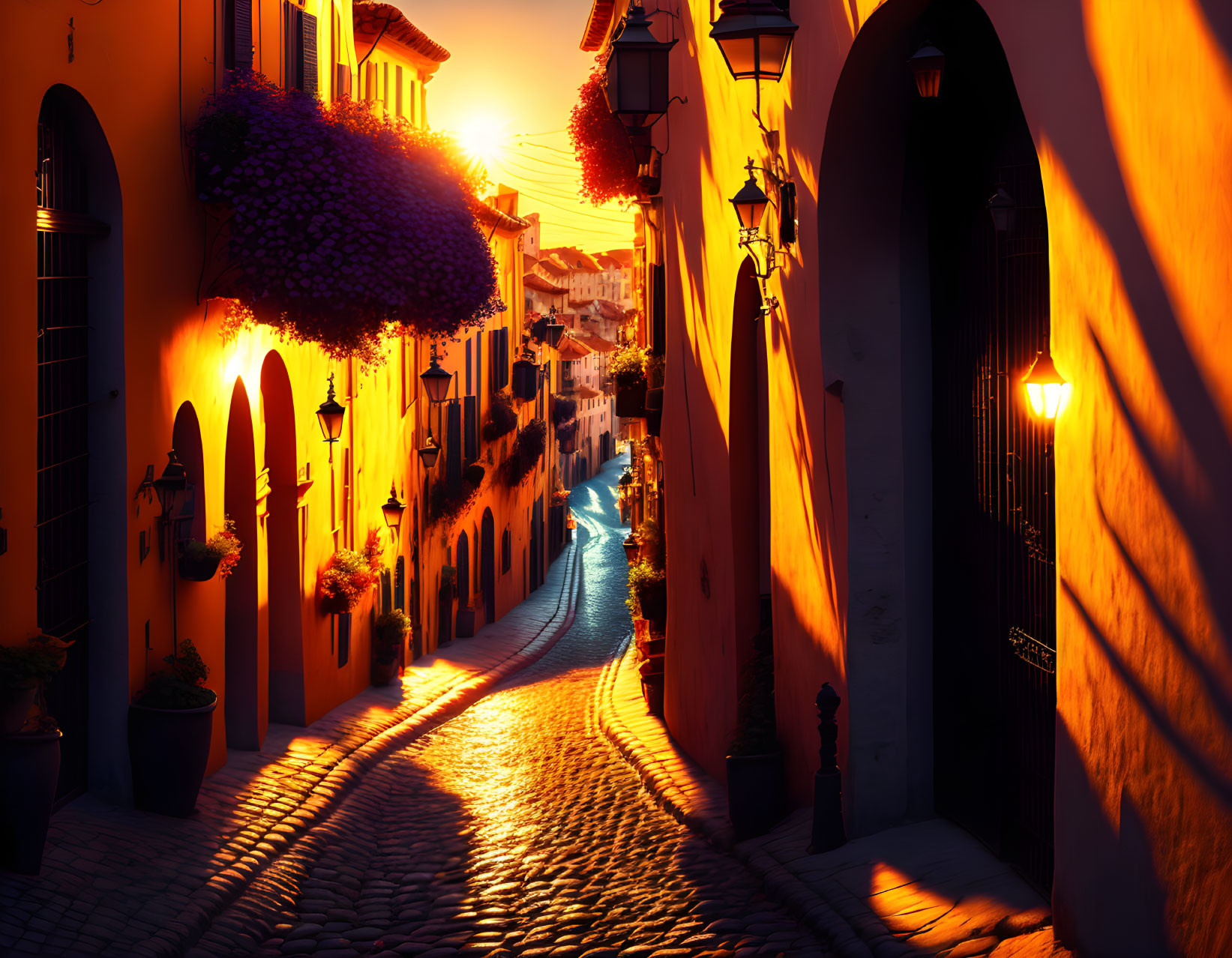 Cobblestone Street at Sunset with Traditional Buildings