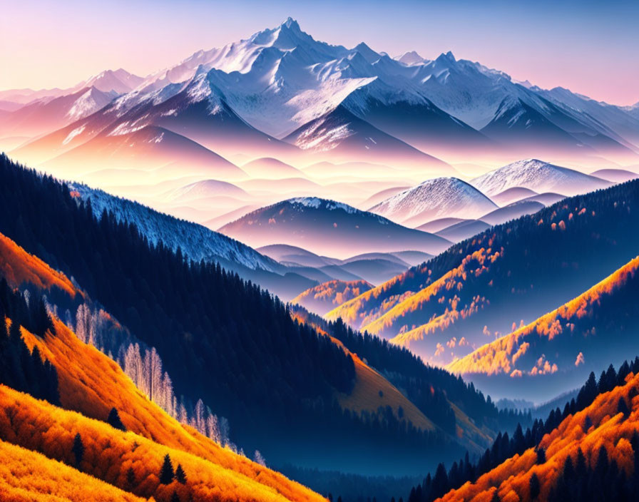 Autumn colors on rolling hills with snow-capped mountains at sunrise