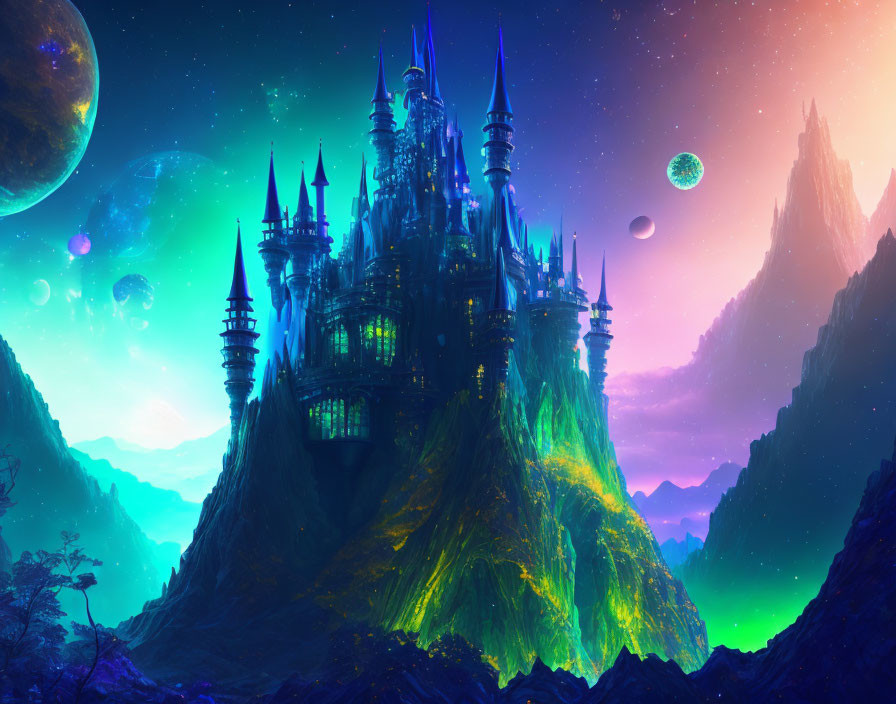 Digital artwork: Glowing castle on mountain under starry sky