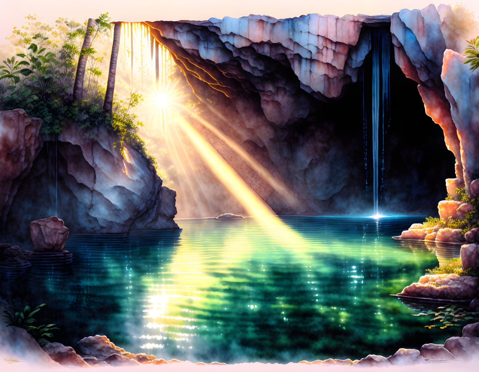 Tranquil cave with pool, sunbeams, lush vegetation & waterfall