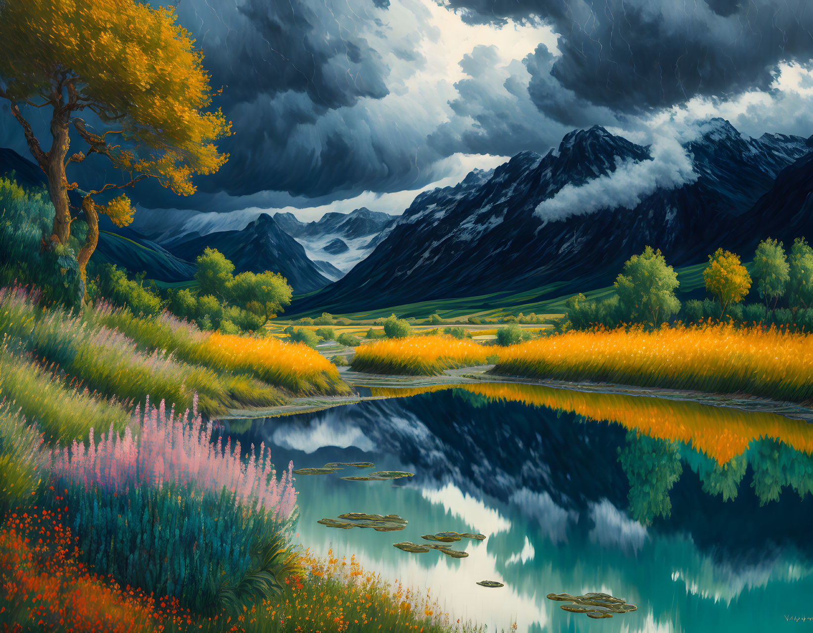 Serene lake landscape with stormy sky and autumn tree