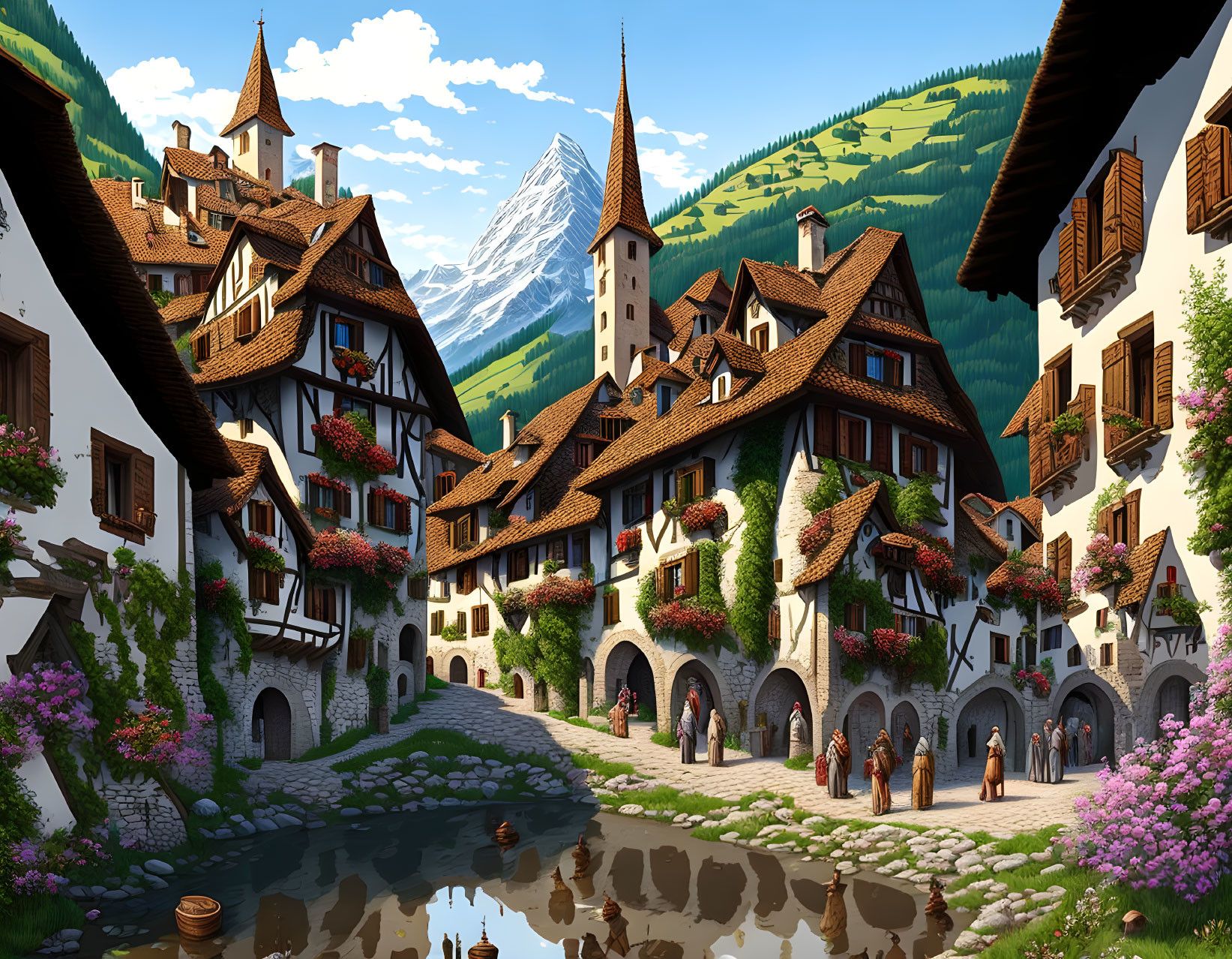 Medieval village scene with half-timbered houses, villagers, river, mountains.