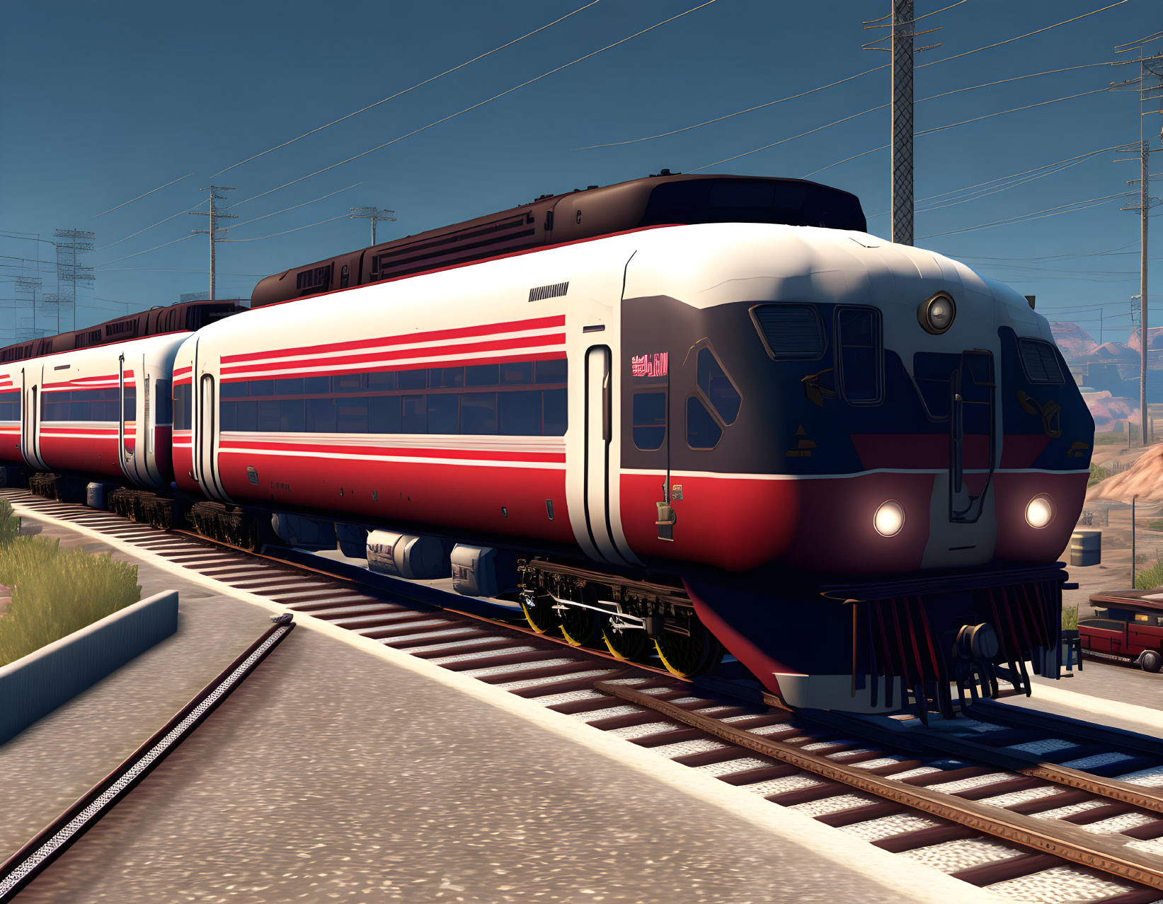 Silver and red modern passenger train on sunny tracks