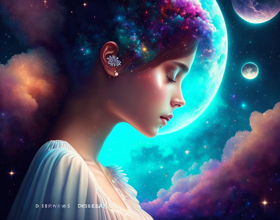 Serene woman in cosmic digital artwork