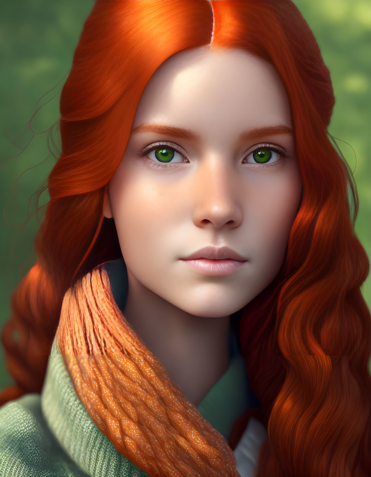 Vibrant red-haired woman with green eyes and scarf on blurred background