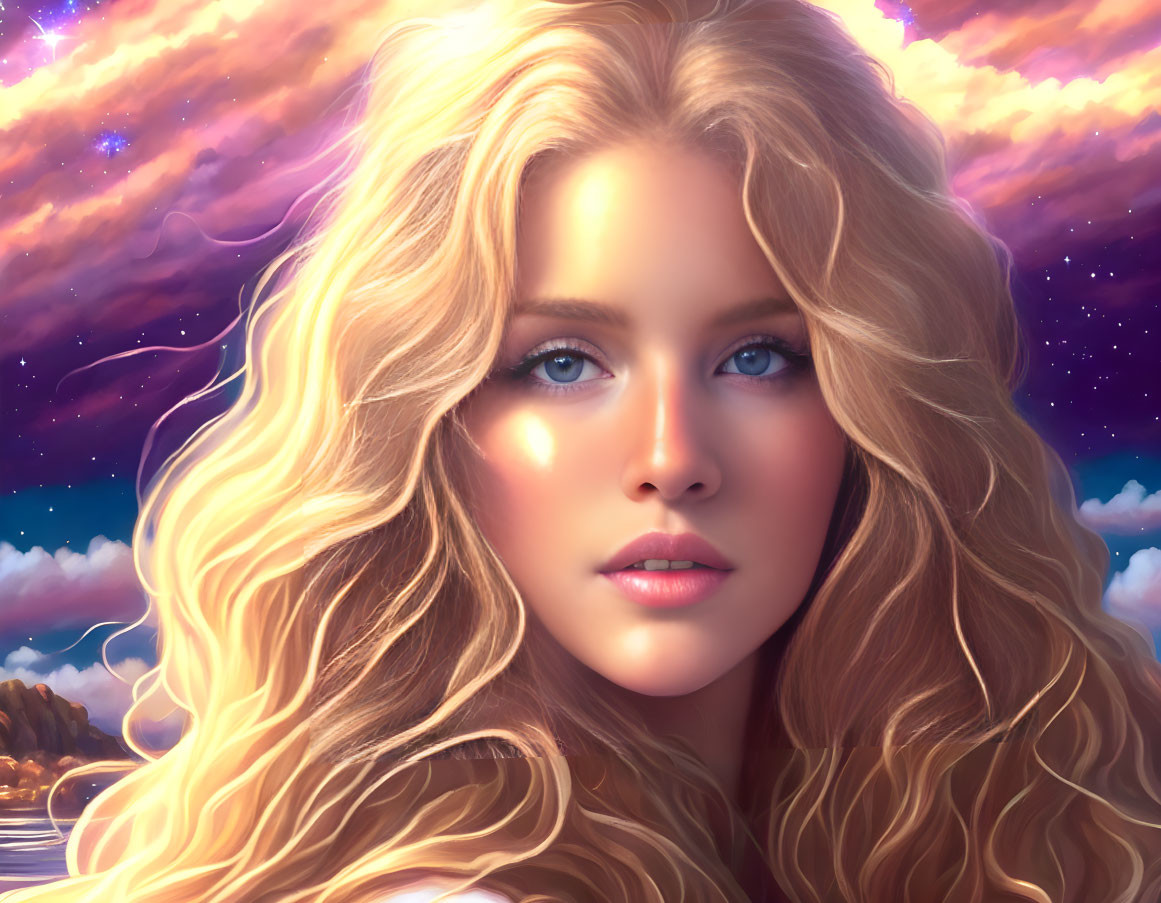 Blonde Curly-Haired Woman in Mystical Sky Portrait