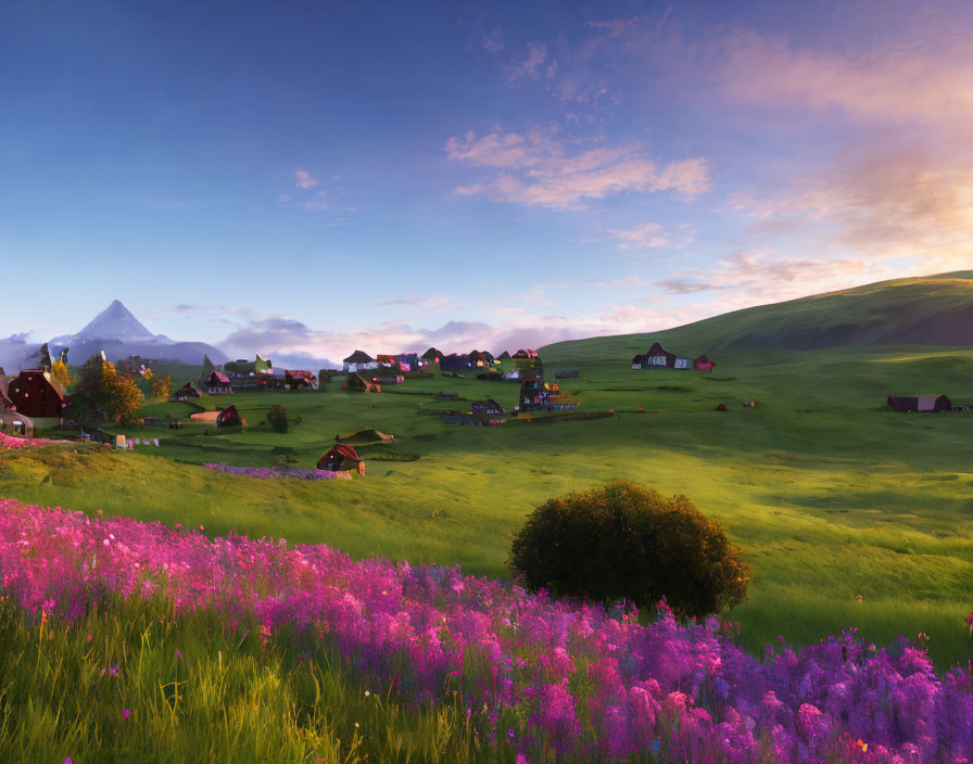 Scenic village with cozy houses, purple flowers, green hills, and mountain landscape