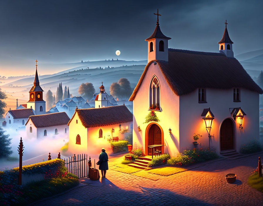 Village Dusk Scene: Churches, Traveler, Cobblestone Paths, Glowing Moon