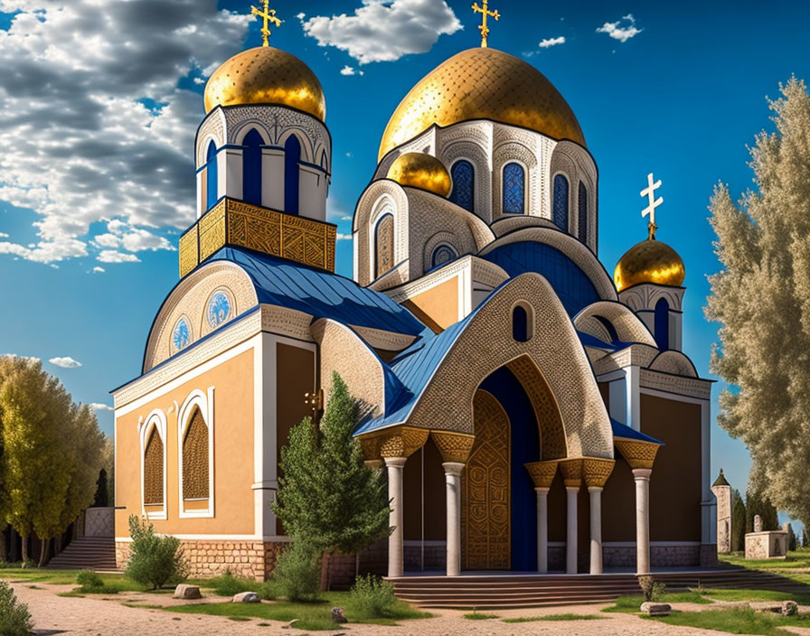 Eastern Orthodox Church Illustration: Blue Domes, Golden Crosses