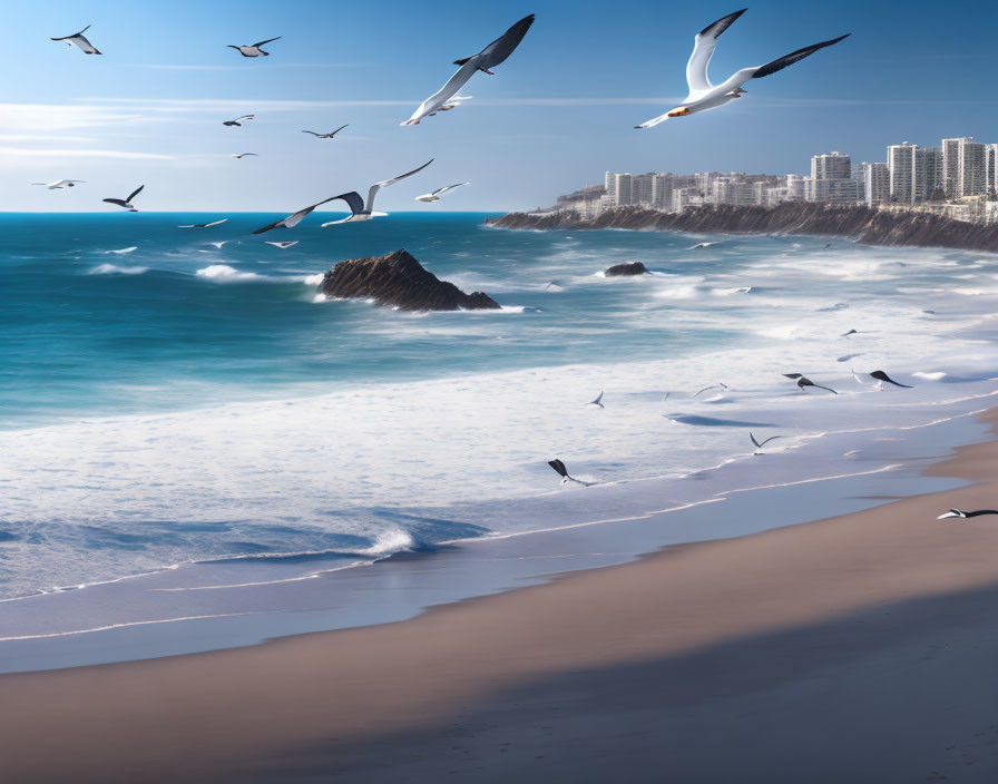 Seagulls flying over turquoise waves, rocks, city skyline, and blue sky