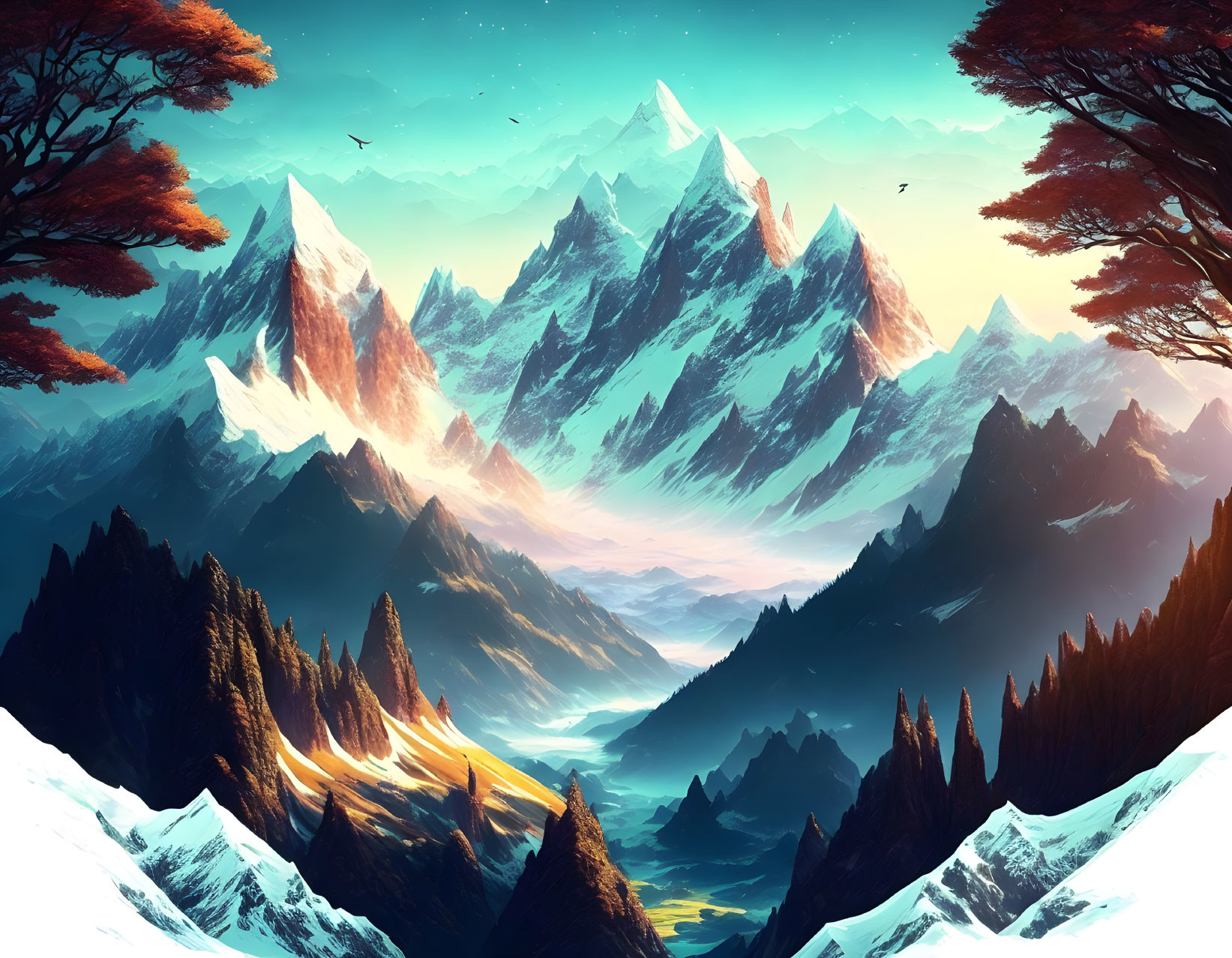 Digital art landscape: Snowy mountains, red-leafed trees, gradient sky, flying birds