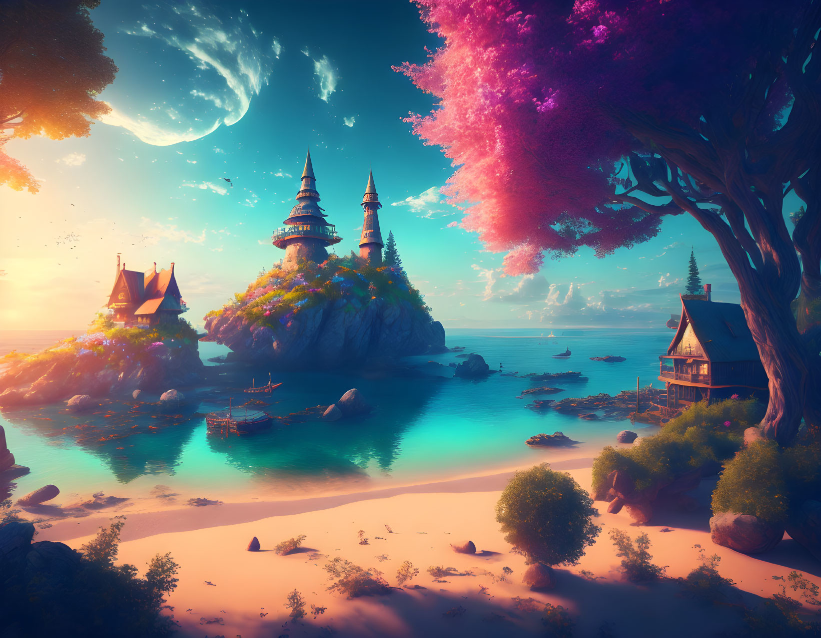 Fantasy landscape with towering castle, pink foliage, beach, ocean, moon