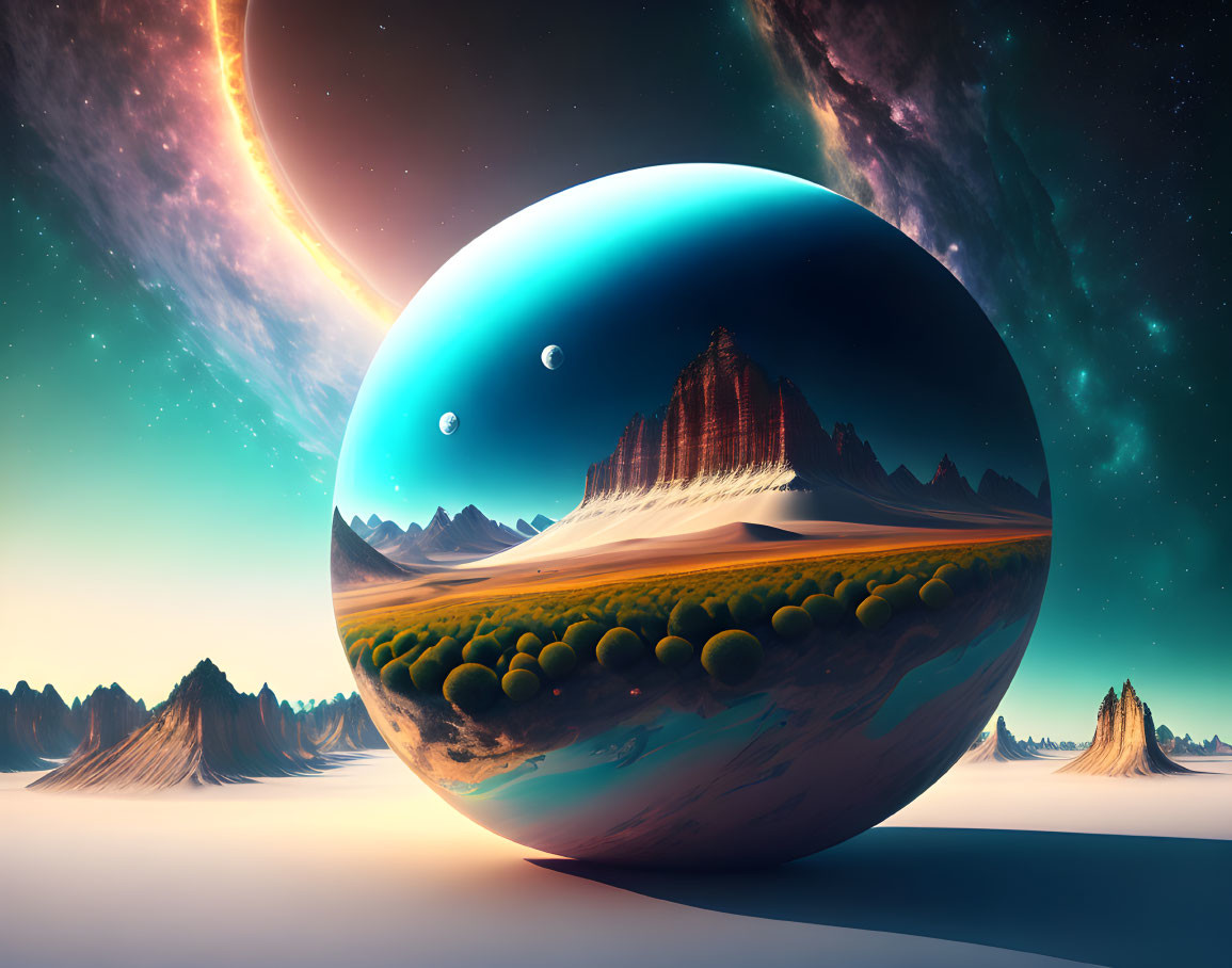 Surreal landscape with large reflective sphere, mountainous terrain, vibrant galaxy, and twilight sky