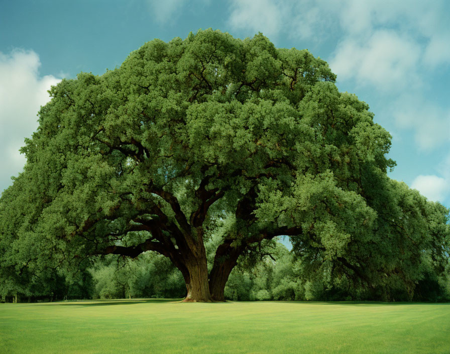 Majestic large tree with thick trunk and dense green canopy in lush grassy field