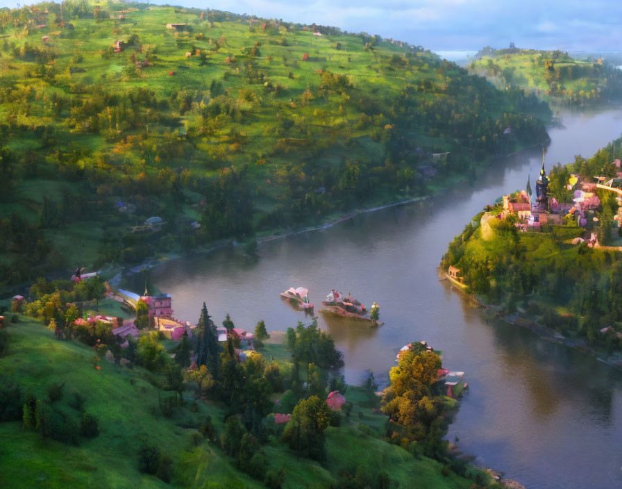 Tranquil landscape with river, hills, buildings, vibrant trees, and soft morning light