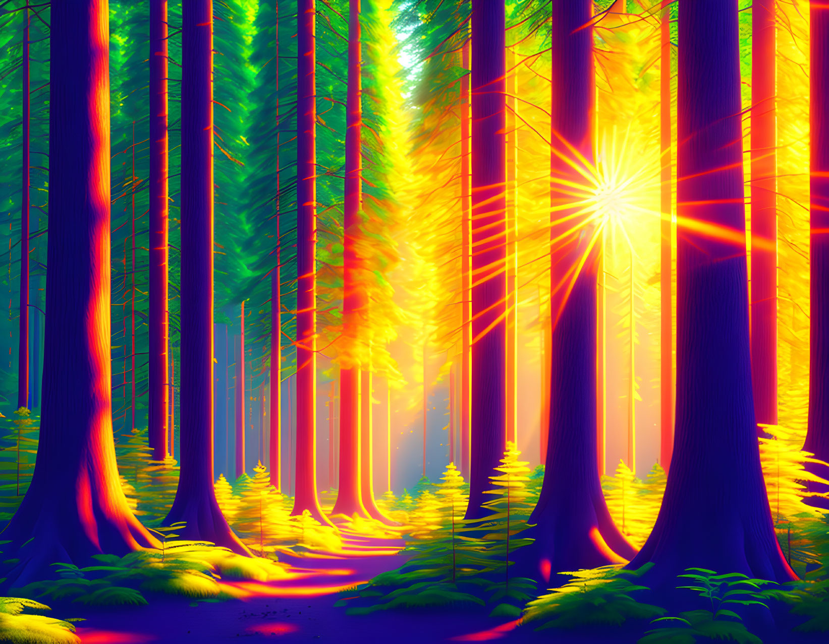 Vibrant forest scene with sunbeams and shadows