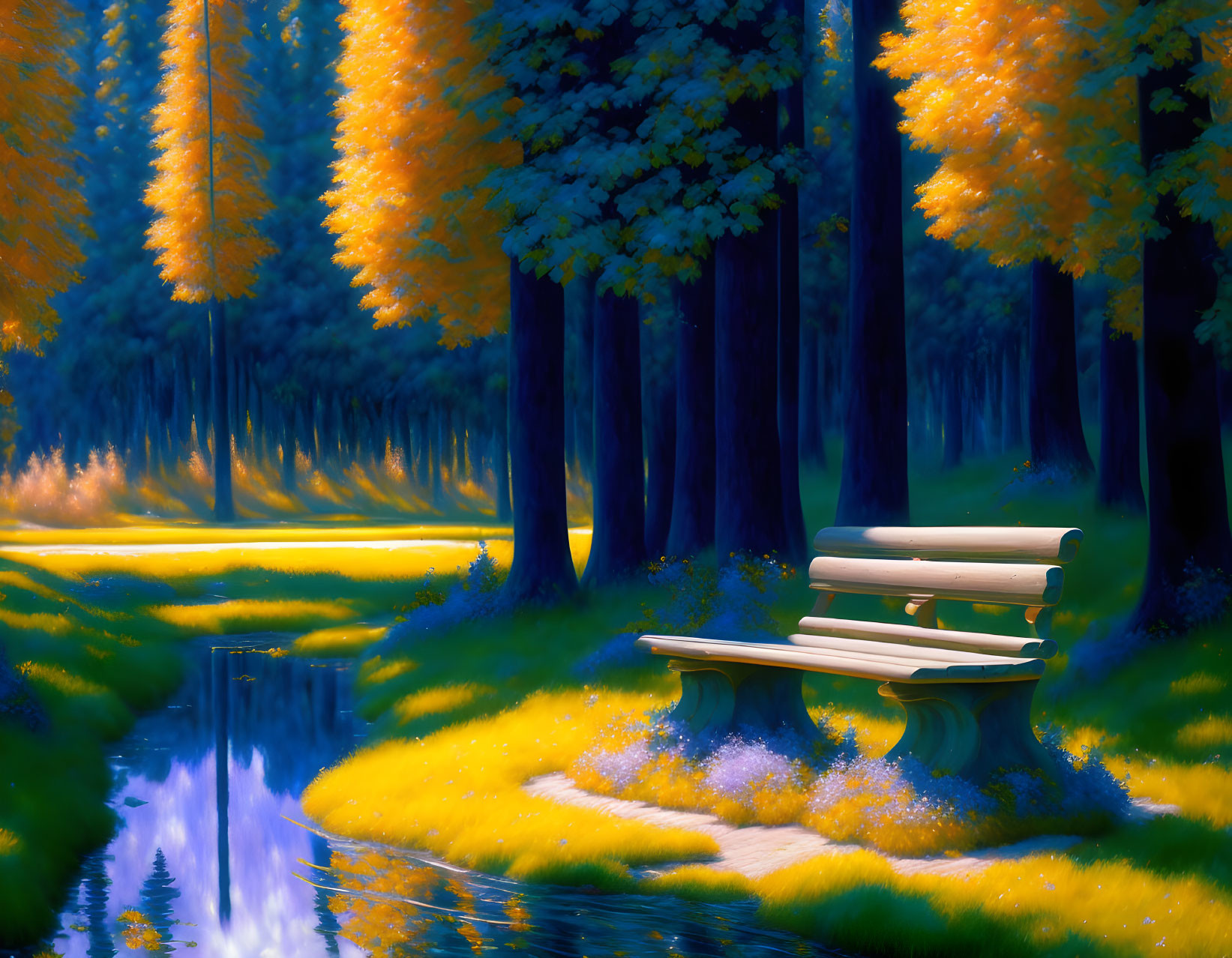 Tranquil autumn park with wooden bench, colorful foliage, and serene stream