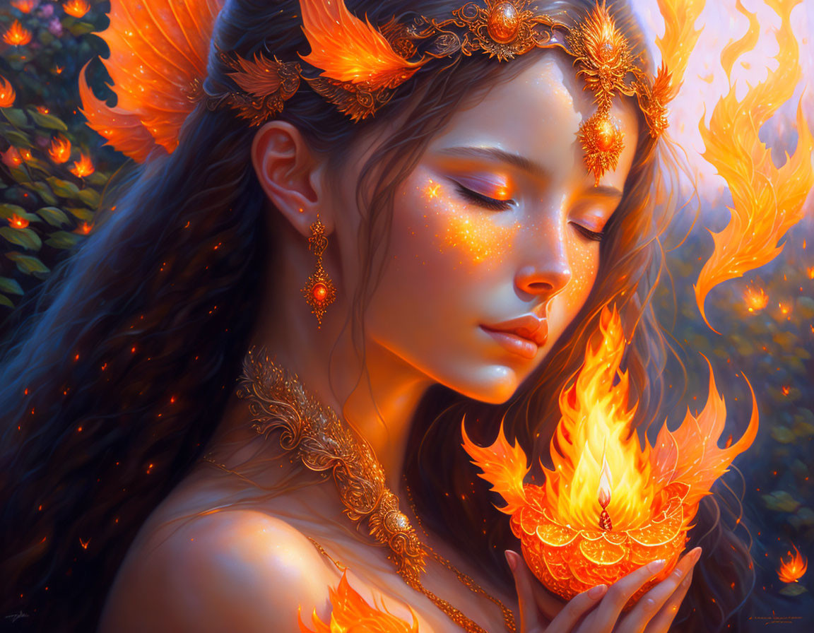 Mystical woman with fiery orange elements holding a flame in warm ambiance