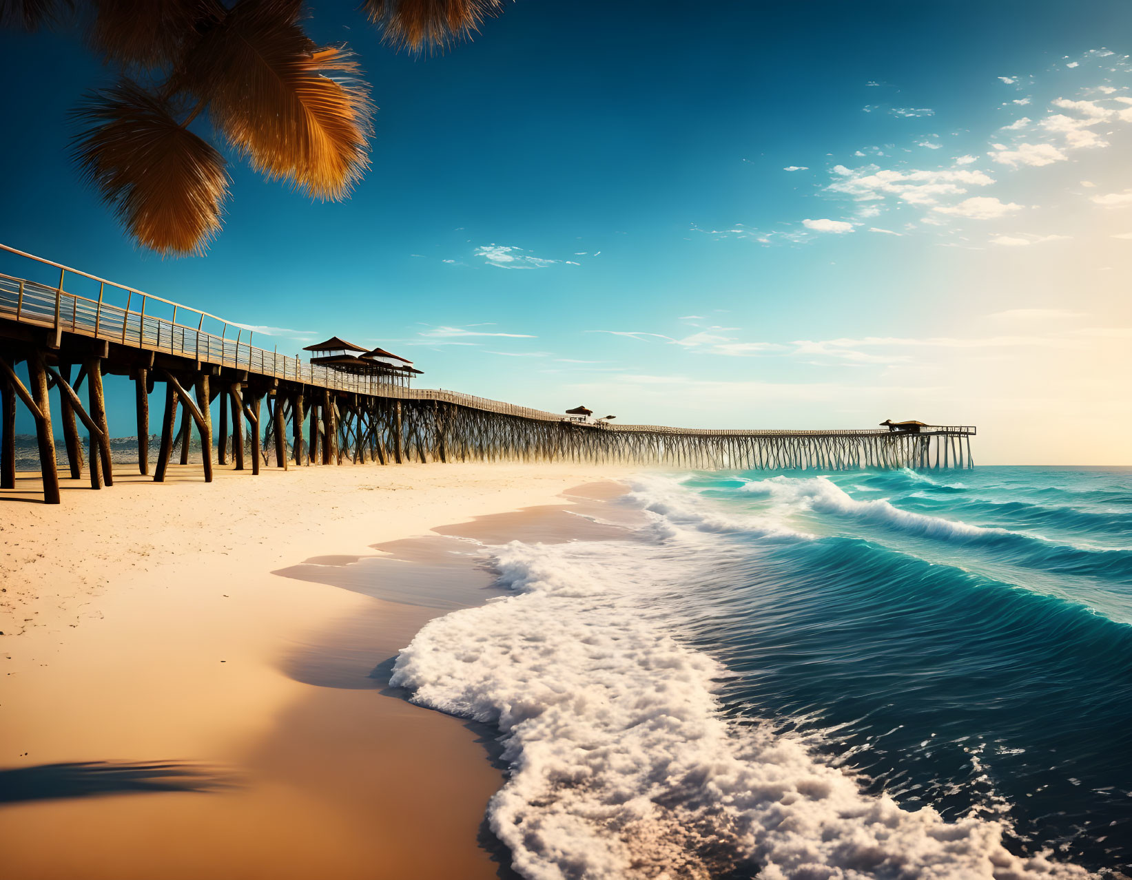 Tranquil beach with wooden pier, palm trees, and gentle waves